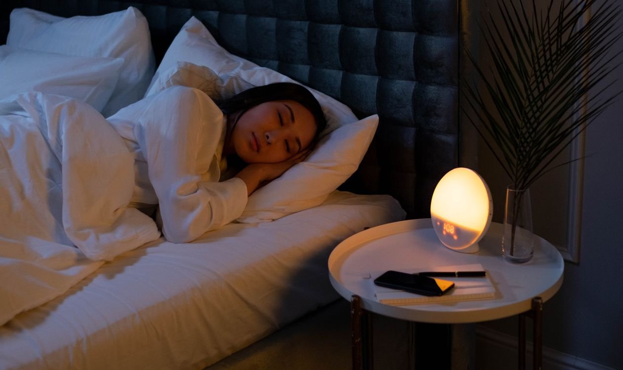 Person sleeping peacefully at night in bed