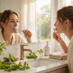 Person brushing teeth in front of a bright bathroom mirror — fresh breath morning routine