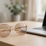 Glasses with lightly tinted lenses on desk next to laptop