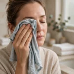 Woman holding cool damp cloth over closed eyes for soothing relief