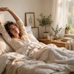 Bright bedroom in the morning with person waking up in bed