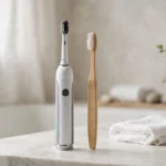 Electric toothbrush and manual toothbrush side by side on a bathroom counter