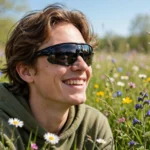 Person wearing wraparound sunglasses in sunny spring meadow