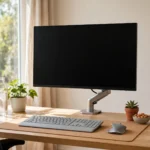 Ergonomic home office desk with monitor at eye level