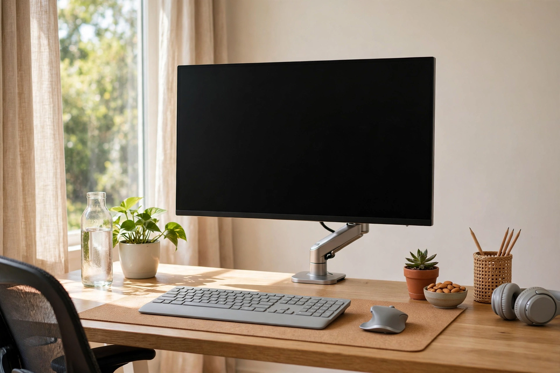 Ergonomic home office desk with monitor at eye level