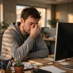 Tired office worker rubbing eyes at desk in front of computer