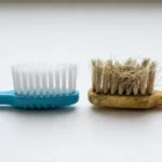 New toothbrush with fresh bristles next to an old worn toothbrush with frayed bristles