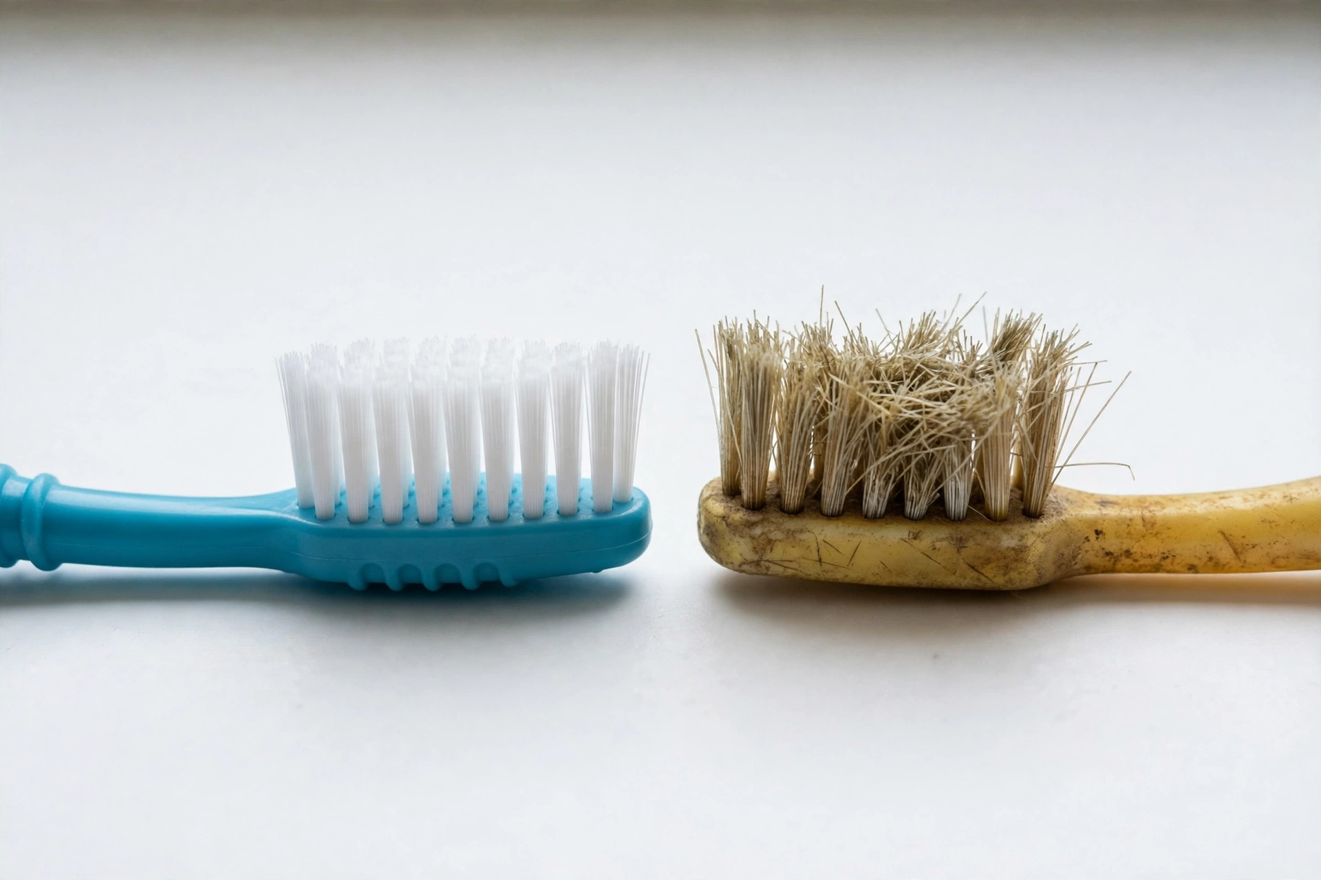 New toothbrush with fresh bristles next to an old worn toothbrush with frayed bristles